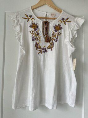 Keep In Touch Embroidered Peasant Top White Floral Tassel Tie 100% Cotton Medium